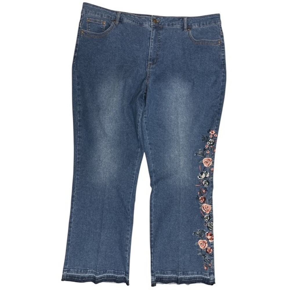 Slim-Sation 22W Jeans Bootcut Blue Embroider Floral Tummy Control Zipper Raw Hem